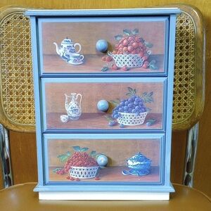 Painted Cream & Blue 3 Drawer Wood Chest.  Strawberry Blueberry Cherry Design